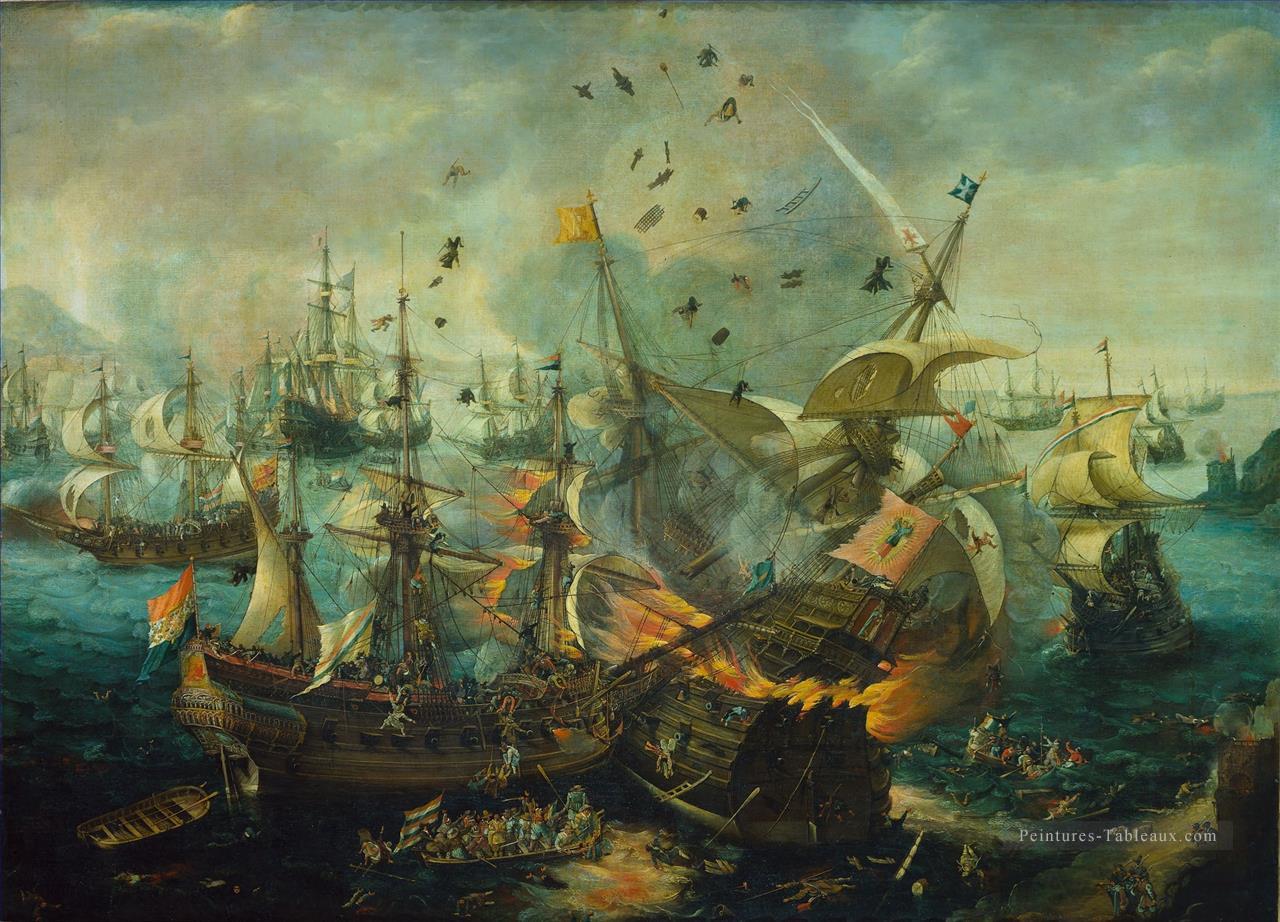 Cornelis van Wieringen attribué Het ontploffen van het Spaanse admiraalschip tijdens de zeeslag bij Gibraltar Peintures à l'huile